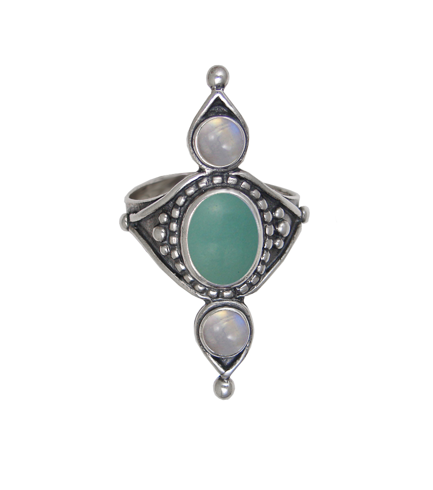 Sterling Silver Royal Ring With Aventurine And Rainbow Moonstone Size 10